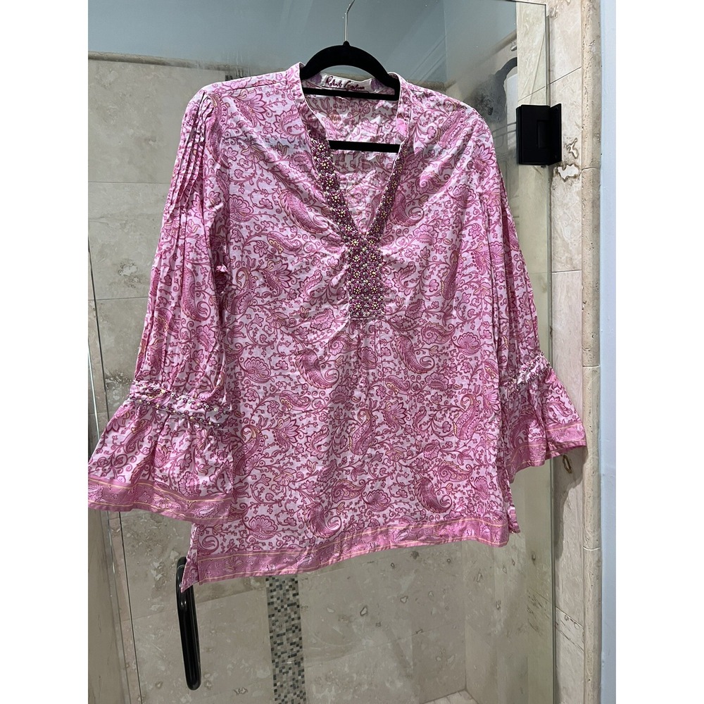 Robert Graham Beaded Pink Paisley Silk Trim Bell Sleeve Tunic Top L